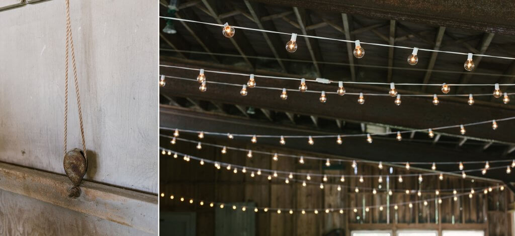 uplighting and string lights in barn for private event